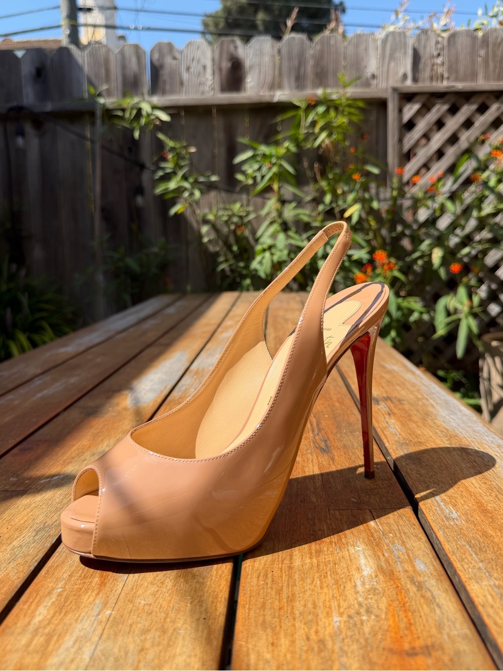 CHRISTIAN LOUBOUTIN Beige Patent Leather Private Number 120 Slingback Pumps